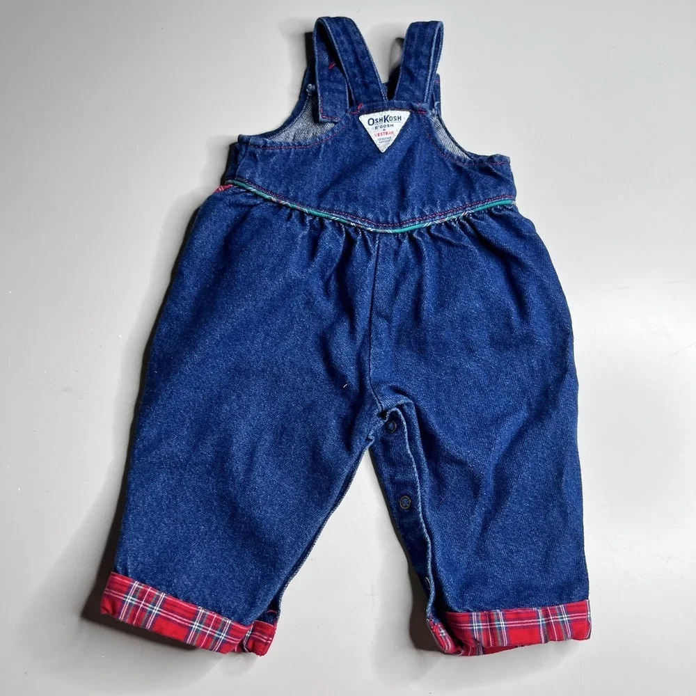 Vintage OshKosh B'gosh Overalls Girls 3-6 Months Blue Denim Plaid Vestbak Romper